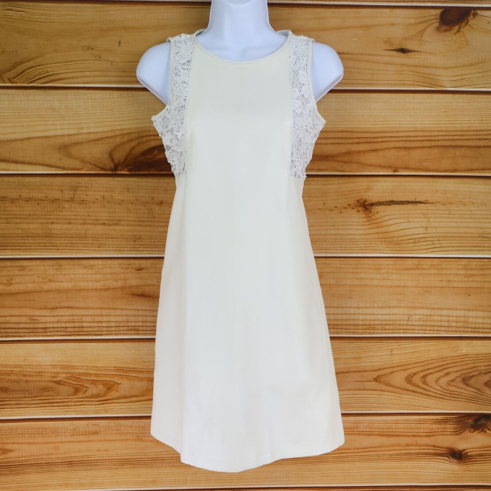 Neiman Marcus Faux Leather & Lace Dress Sleeveless Womens Size XS White Back Zip